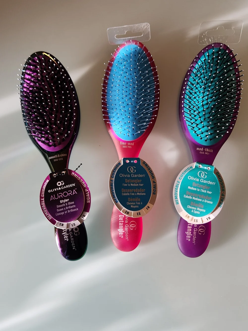 3-Olivia Garden Colorful Detangler HAIR Brush Trio - Purple, Pink & Teal